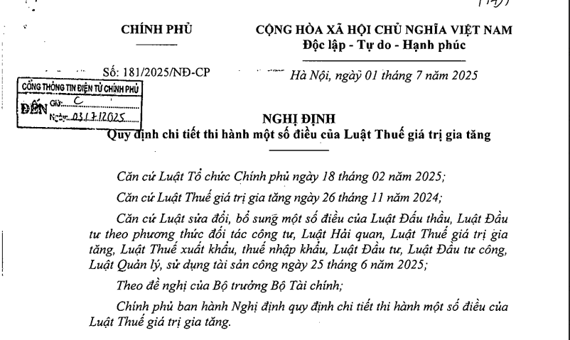Nghị định 181/2025/NĐ-CP hướng dẫn Luật thuế GTGT có hiệu lực từ ngày 01/07/2025
