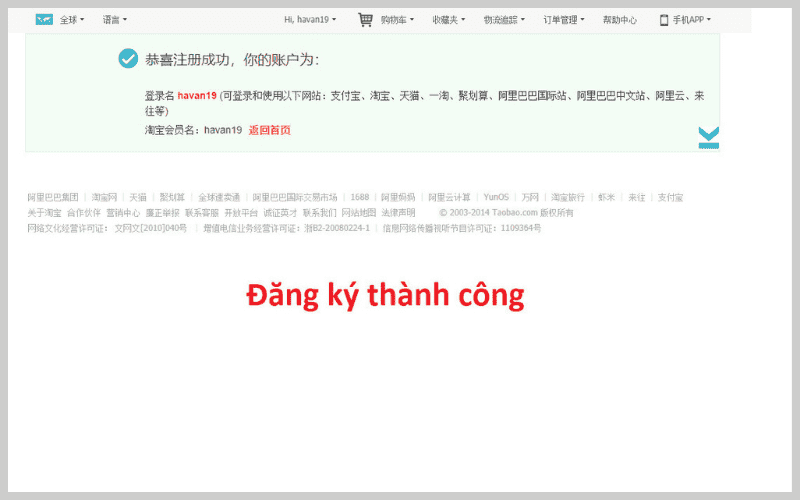 Đăng ký thành công tài khoản taobao